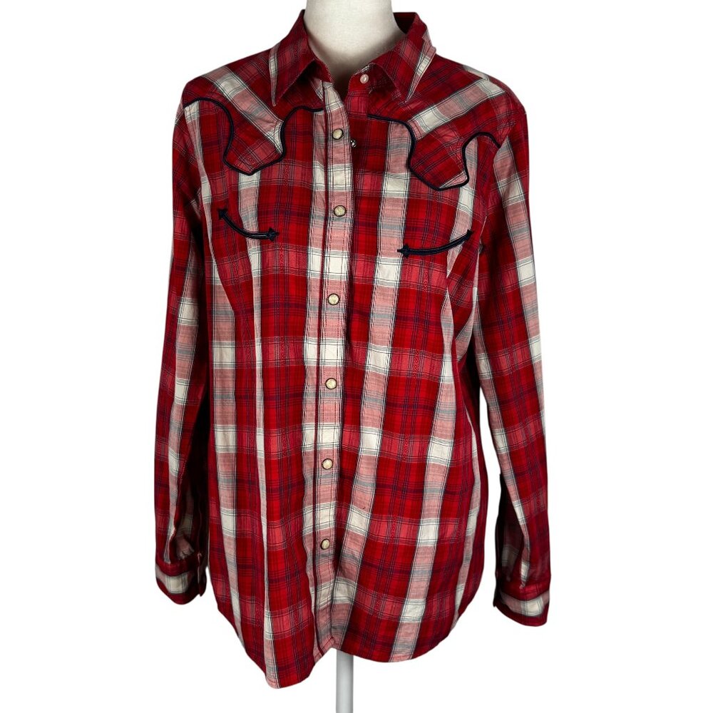 The best! Wrangler Retro Red, White, Blue Plaid Western Pearl Snap Shirt Sz M